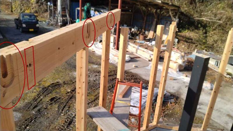 プレカット在来工法の梁の蟻継ぎ部分